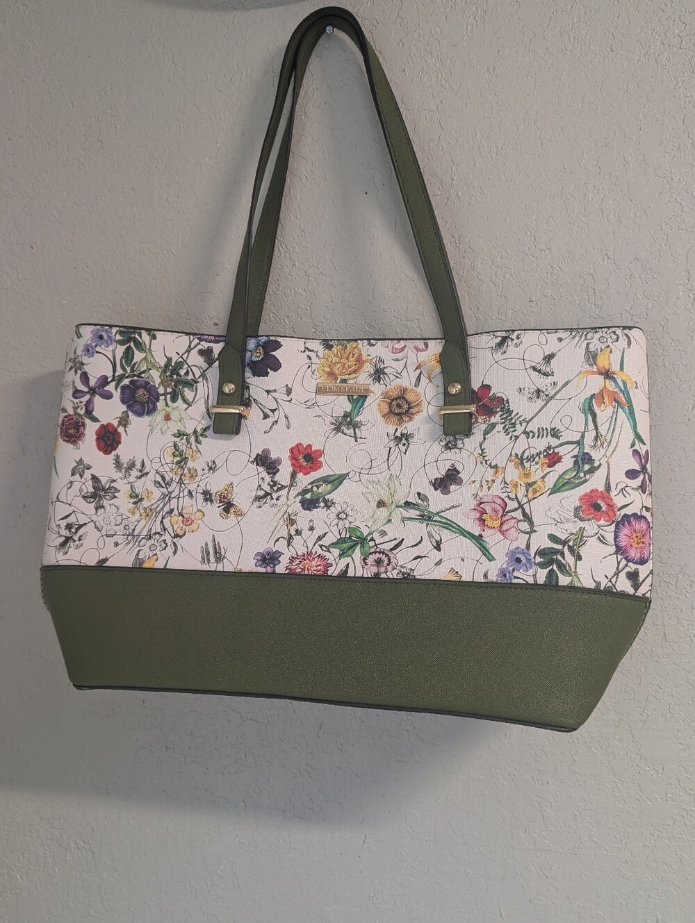 Floral Print Olive Green Tote Bag Side Zip Strappy Butterfly Boho Cottage